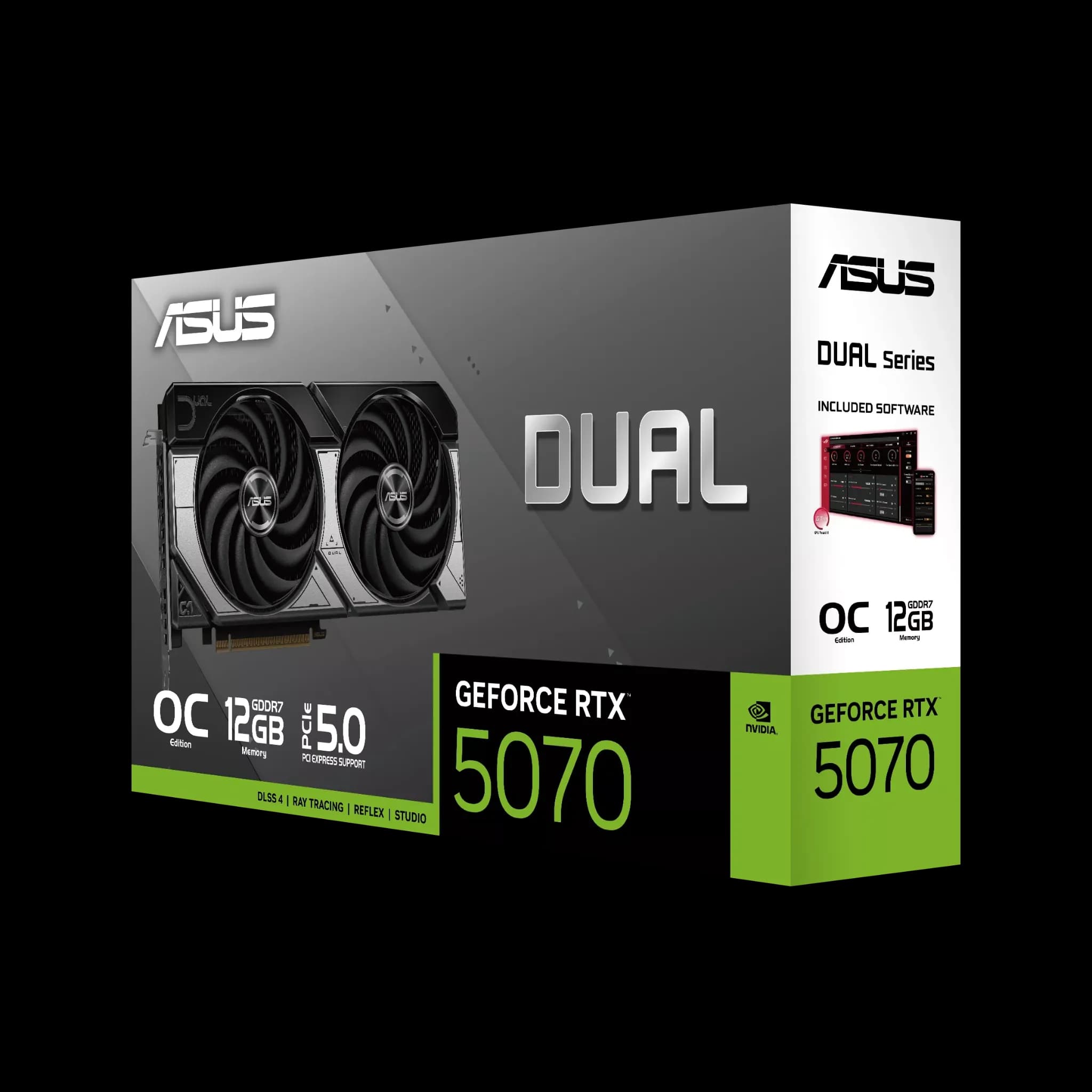 ASUS Dual GeForce RTX 5070 – نمای بستهبندی کارت گرافیک ایسوس با حافظه 12 گیگابایت و فناوری PCIe 5.0 جعبه کارت گرافیک ASUS Dual GeForce RTX 5070 با طراحی سری Dual و حافظه 12GB GDDR7