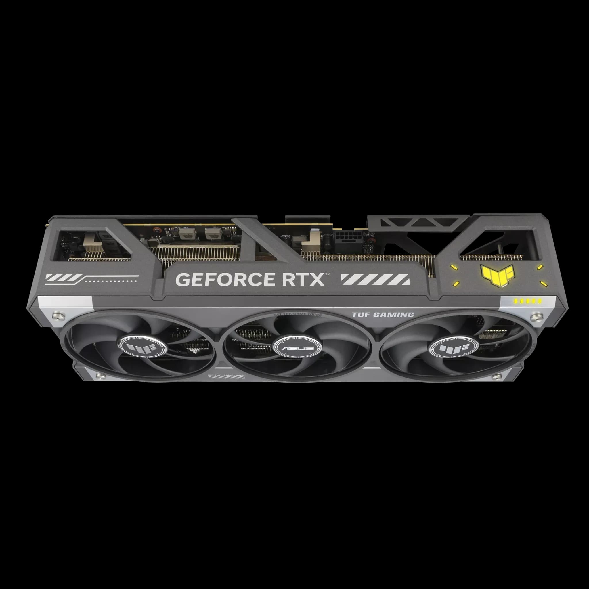 ASUS TUF Gaming RTX 5090 OC GPU – Top View Triple-Fan Design کارت گرافیک ASUS TUF Gaming GeForce RTX 5090 OC با نمای بالا و طراحی سهفن