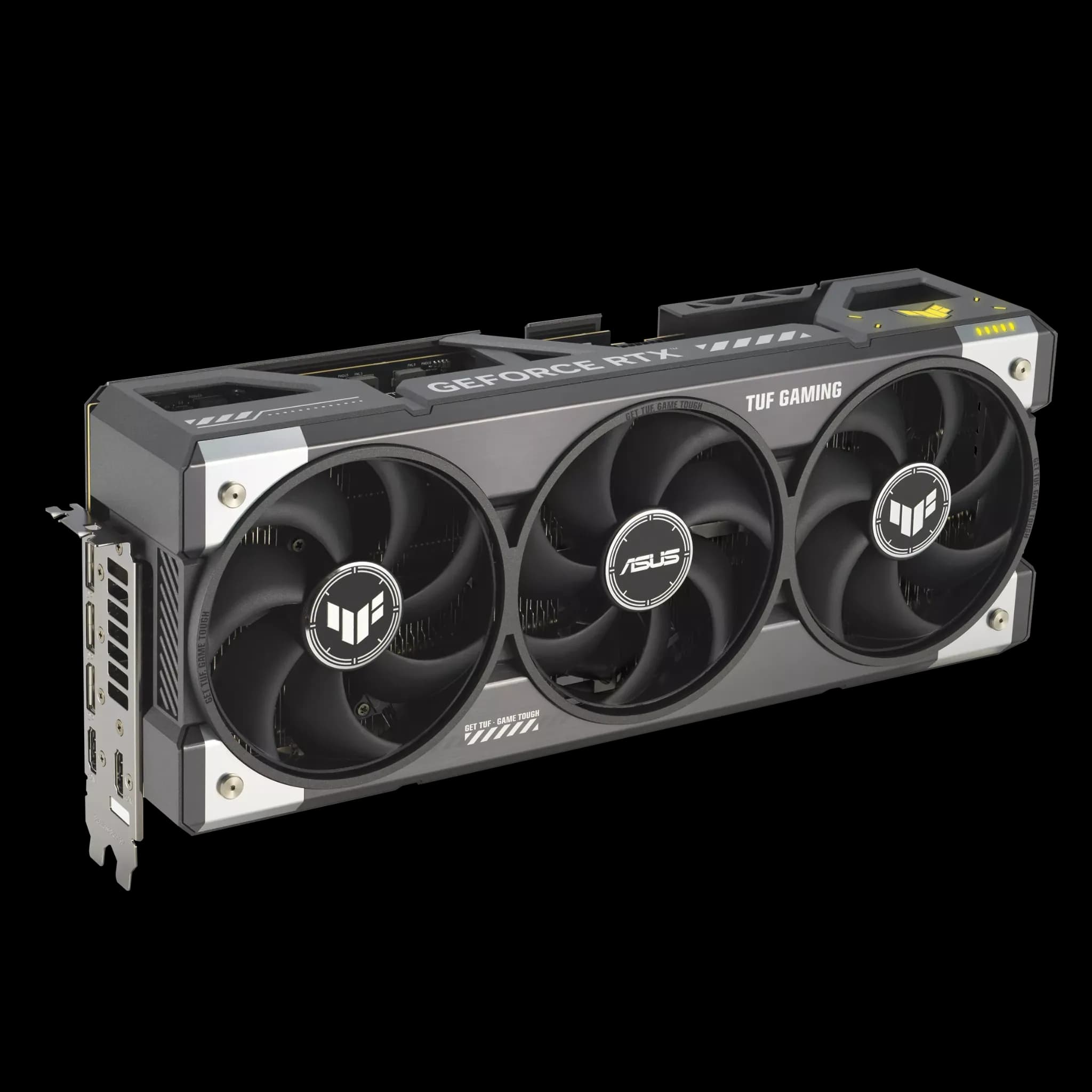 ASUS TUF Gaming GeForce RTX 5080 16GB GDDR7 OC Edition – نمای جانبی کارت گرافیک ایسوس برای گیمرهای حرفهای کارت گرافیک ASUS TUF Gaming GeForce RTX 5080 با طراحی سه فن قدرتمند برای عملکرد پایدار در گیمینگ