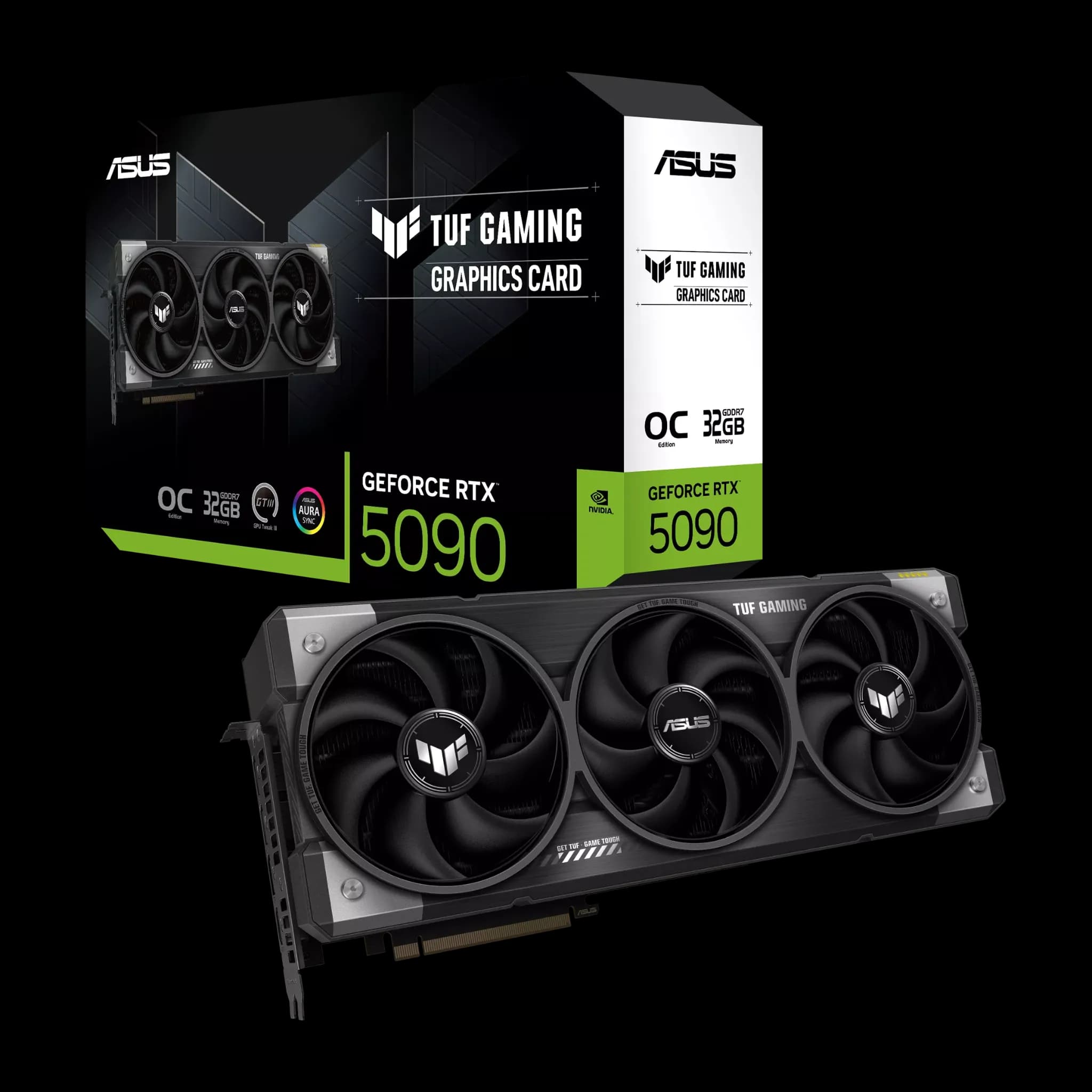 ASUS TUF Gaming RTX 5090 OC Graphics Card with Retail Box – Triple-Fan Design کارت گرافیک ASUS TUF Gaming GeForce RTX 5090 OC به همراه جعبه محصول با طراحی سهفن