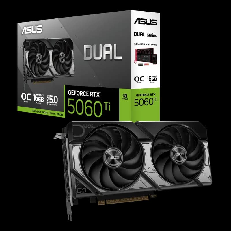 بستهبندی محصول جعبه و محتویات کارت گرافیک ASUS Dual GeForce RTX 5060 Ti 16GB GDDR7 OC