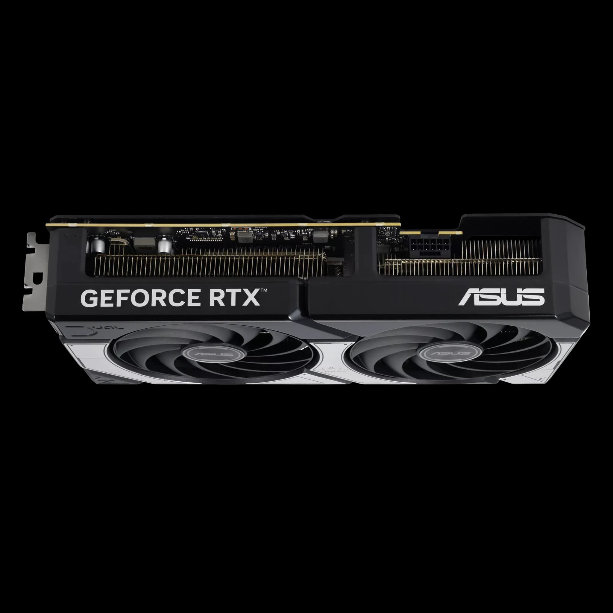 ASUS Dual GeForce RTX 5070 – نمای بالا از کارت گرافیک ایسوس با طراحی حرفهای و سیستم خنککننده قدرتمند نمای بالایی کارت گرافیک ASUS Dual GeForce RTX 5070 با لوگوی GEFORCE RTX و طراحی خنککننده دو فن
