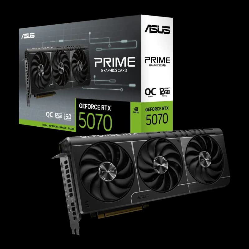 کارت گرافیک ASUS PRIME GeForce RTX 5070 OC مناسب طراحی سهبعدی بستهبندی و جعبه کارت گرافیک ایسوس PRIME RTX 5070 OC محصول اصل