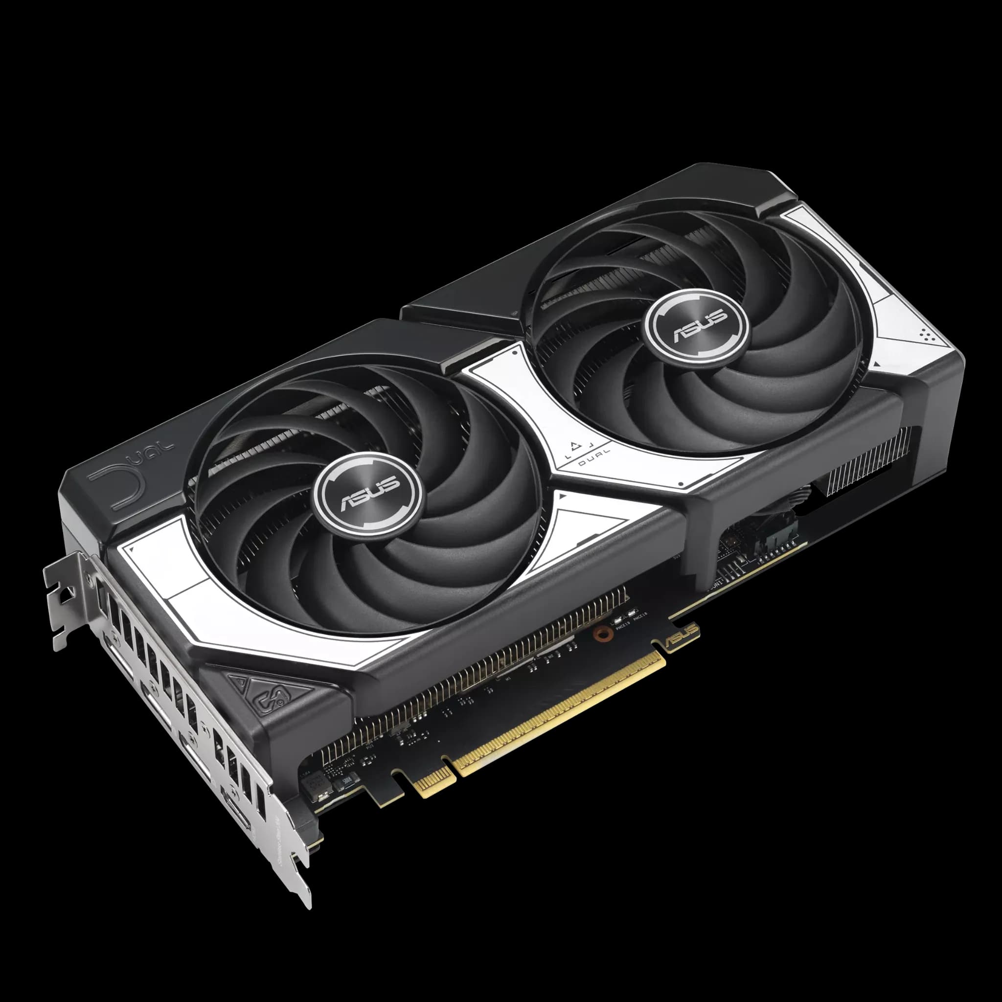 ASUS Dual GeForce RTX 5070 12GB GDDR7 – نمای پرسپکتیو کارت گرافیک ایسوس مخصوص گیمینگ نمای سهبعدی کارت گرافیک ASUS Dual GeForce RTX 5070 با طراحی حرفهای دو فن و خروجیهای HDMI و DisplayPort