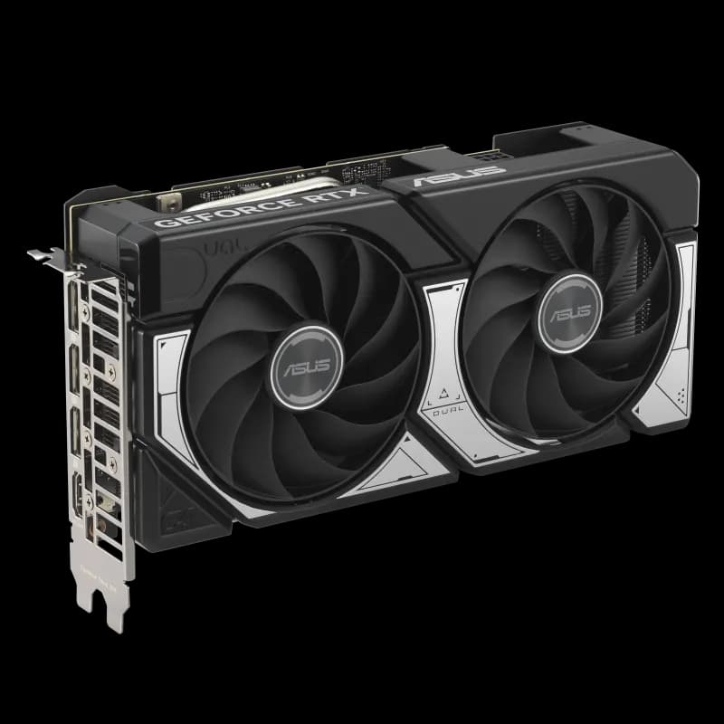 ASUS Dual RTX 5060 Ti OC – نمای روبرو کارت گرافیک ASUS Dual RTX 5060 Ti 16GB GDDR7 OC – نمای روبرو با دو فن Axial-tech