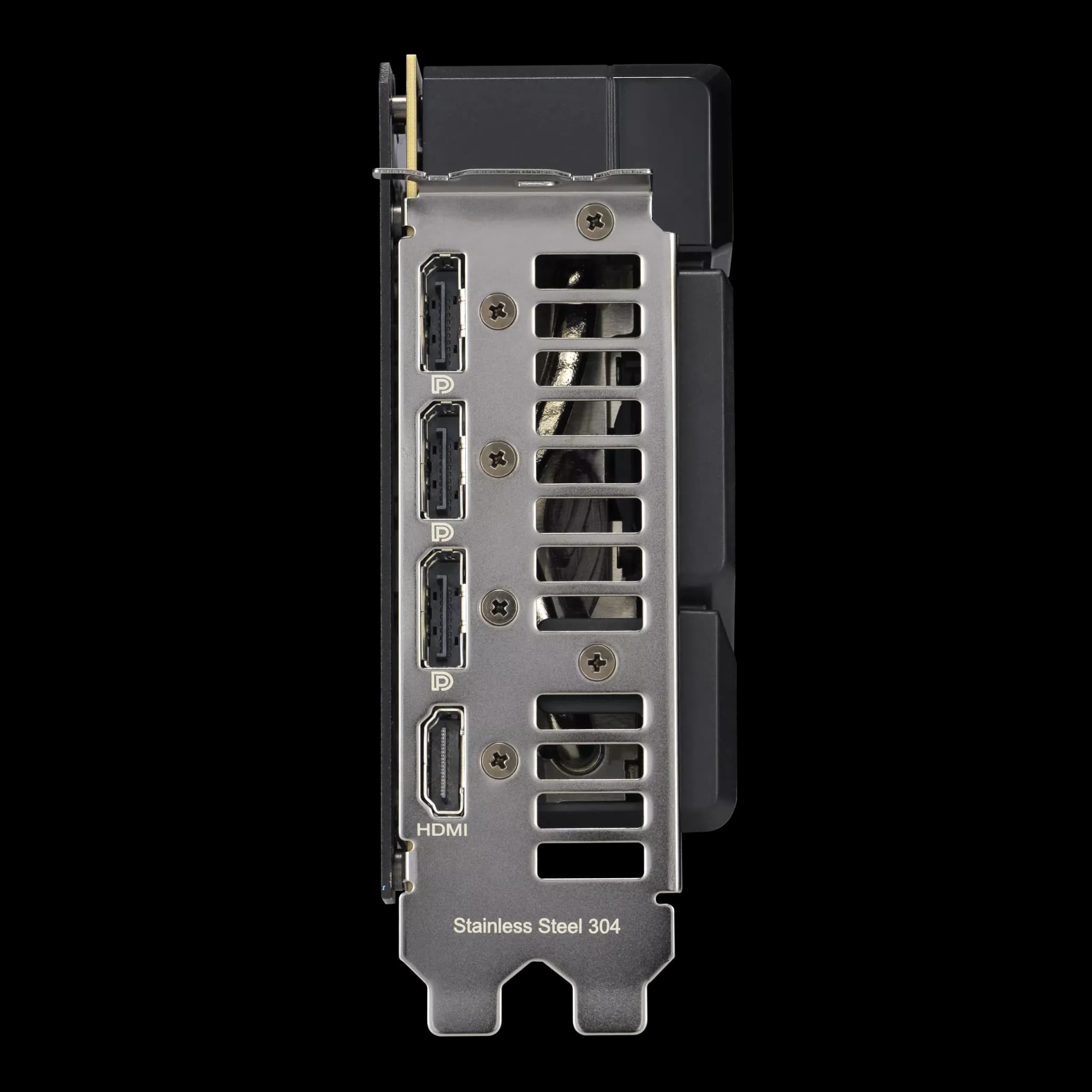 ASUS Dual GeForce RTX 5070 – نمای پورتهای HDMI و DisplayPort کارت گرافیک ایسوس با بدنه استیل 304 پورتهای خروجی کارت گرافیک ASUS Dual GeForce RTX 5070 شامل HDMI و DisplayPort با طراحی استیل ضدزنگ