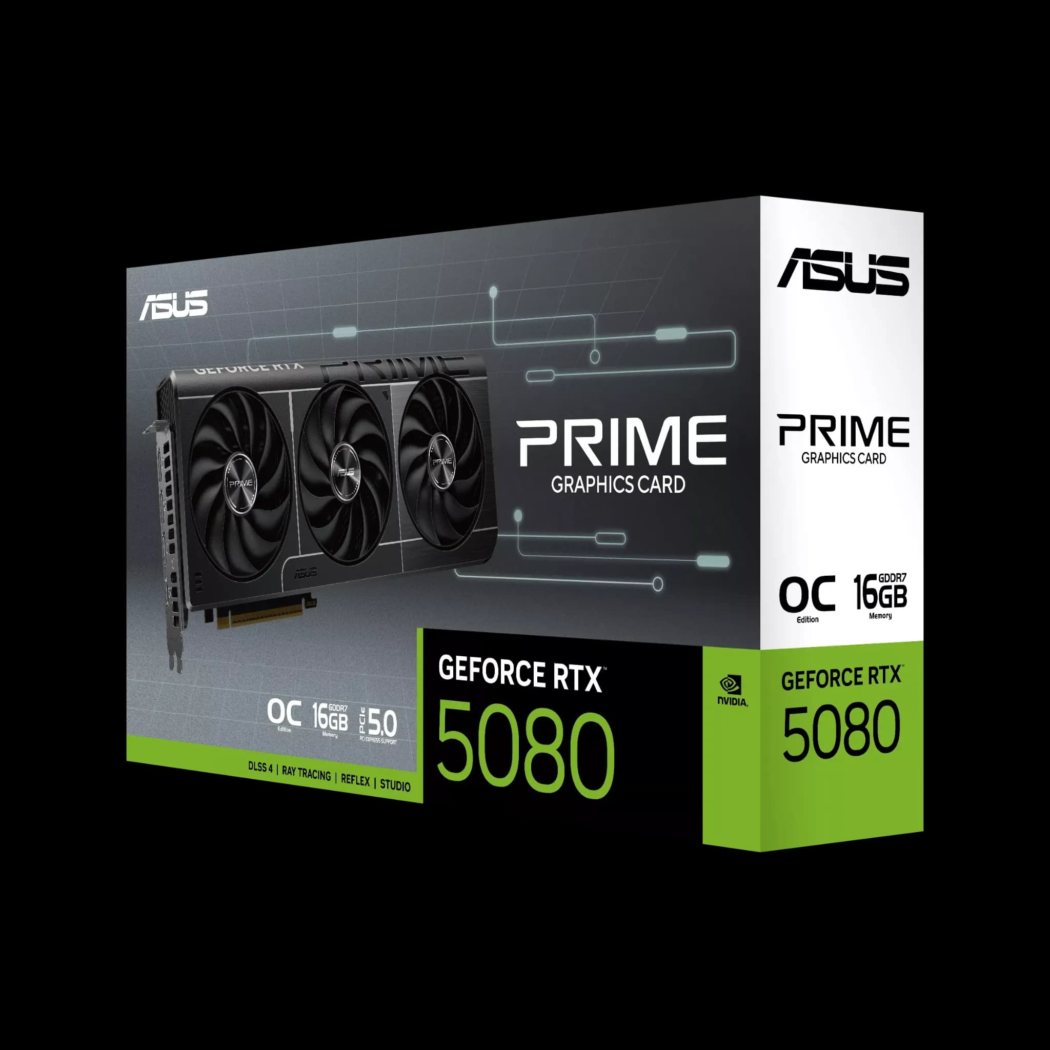 ASUS PRIME RTX 5080 OC Edition – جعبه کارت گرافیک ایسوس با طراحی جدید سری PRIME و حافظه 16 گیگابایتی GDDR7 باکس کارت گرافیک ASUS PRIME GeForce RTX 5080 16GB GDDR7 OC Edition با طراحی مدرن و رنگ سبز برند NVIDIA