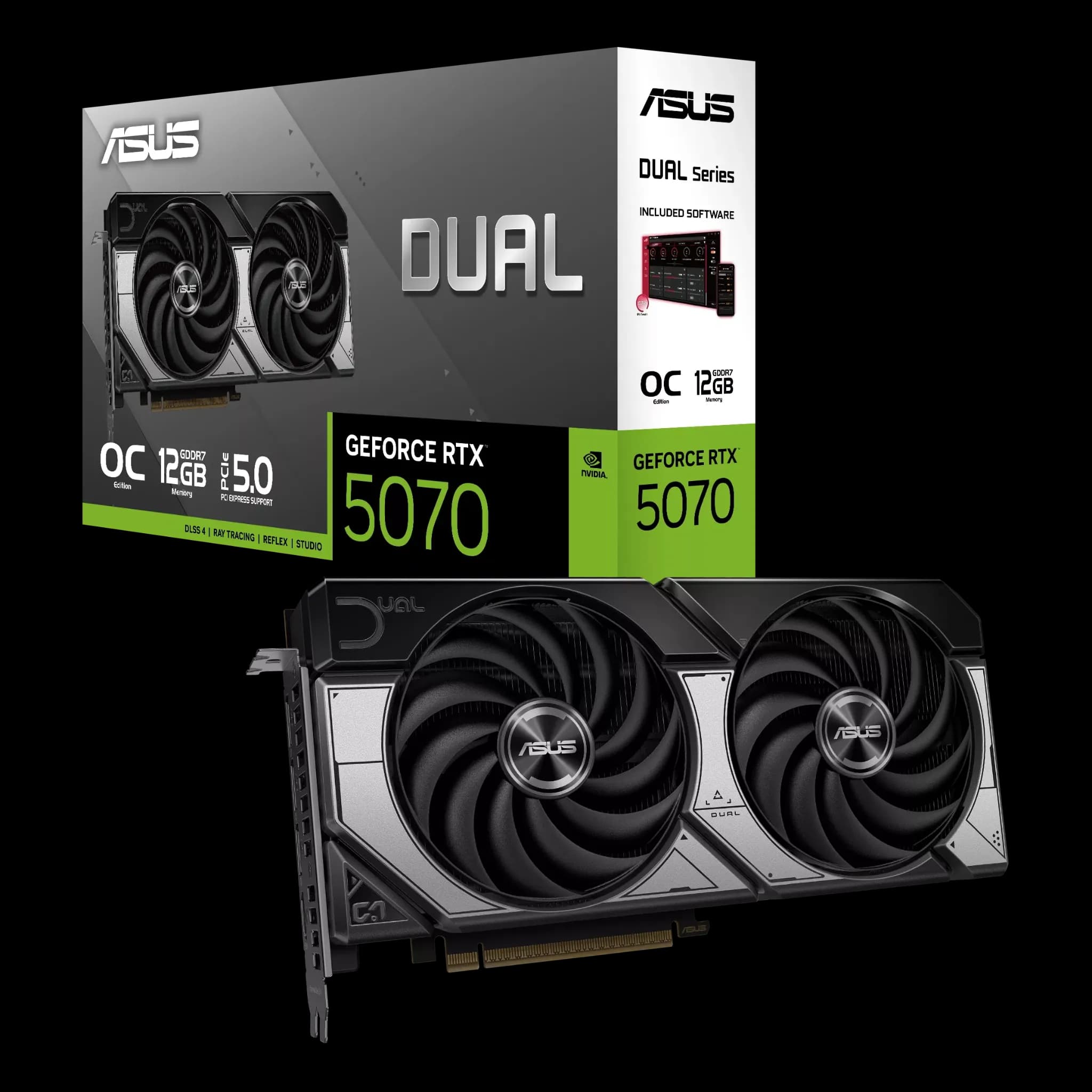 ASUS Dual GeForce RTX 5070 – کارت گرافیک ایسوس به همراه بستهبندی اصلی با فناوری DLSS و PCIe 5.0 کارت گرافیک ASUS Dual GeForce RTX 5070 به همراه جعبه محصول با طراحی مدرن و حافظه 12GB GDDR7