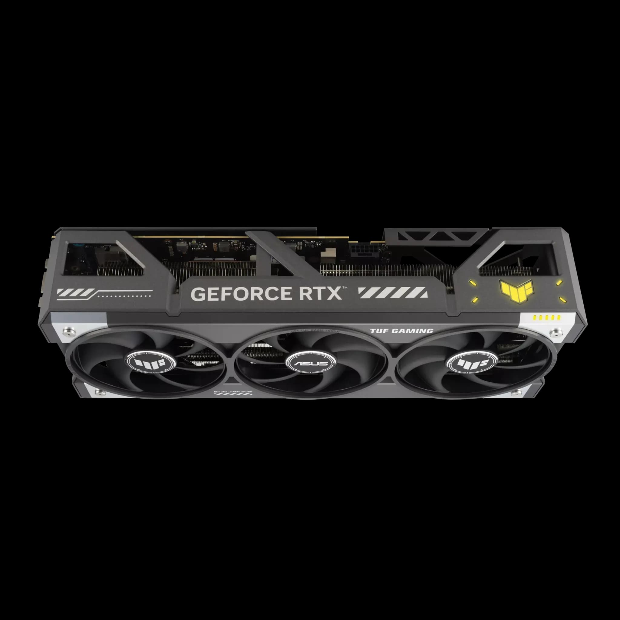 ASUS TUF Gaming GeForce RTX 5080 16GB GDDR7 OC Edition – نمای بالا از طراحی مقاوم کارت گرافیک ایسوس TUF کارت گرافیک ASUS TUF Gaming GeForce RTX 5080 با طراحی مستحکم و سیستم خنککننده سهفن